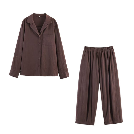 Casual linen pocket decoration shirt+linen bucket pants set
