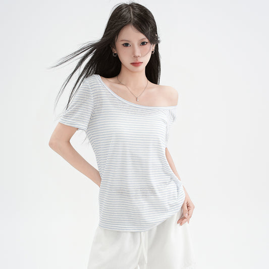 blue and white striped off-shoulder design short sleeve T-shirt for women
