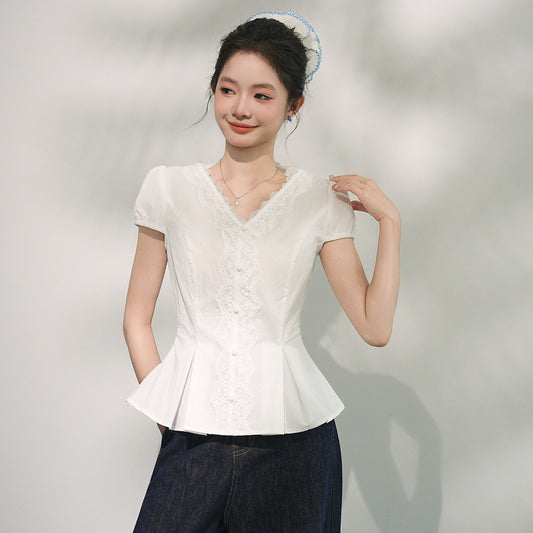 Elegant V-Neck Lace Trim Short Sleeve Blouse for Women Summer Slim Fit High Shoulder T-Shirt Top