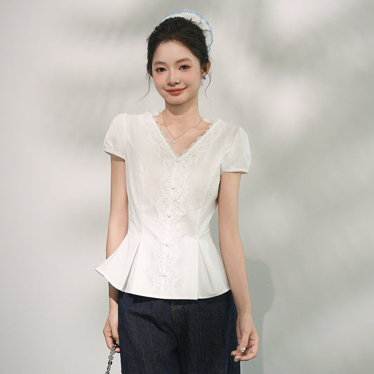 Elegant V-Neck Lace Trim Short Sleeve Blouse for Women Summer Slim Fit High Shoulder T-Shirt Top